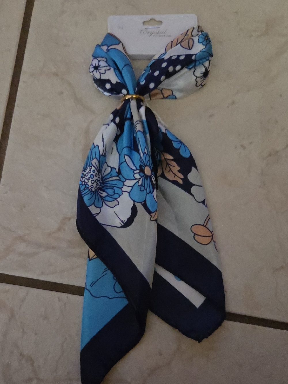 Floral Blue Wide Hair Scarf with Gold Ring